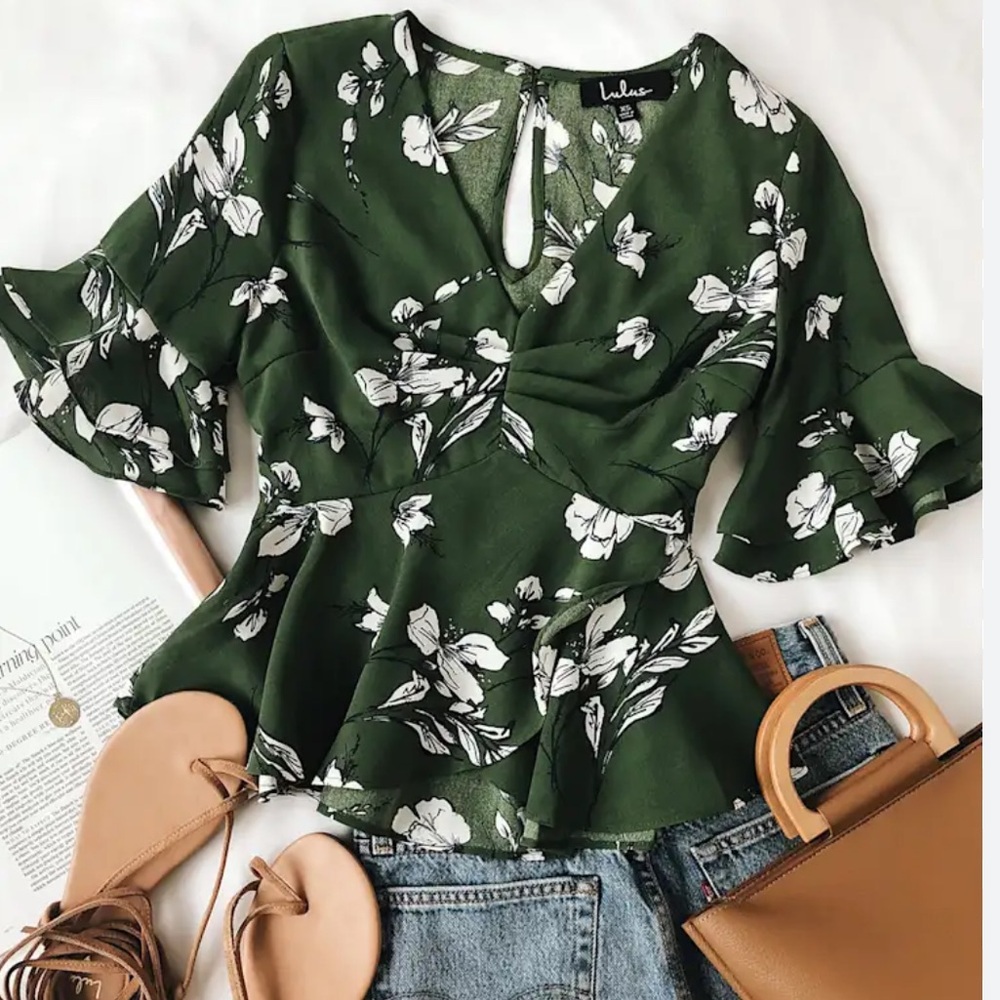 Lulu's Olive Green Floral Wrap-Style Shirt